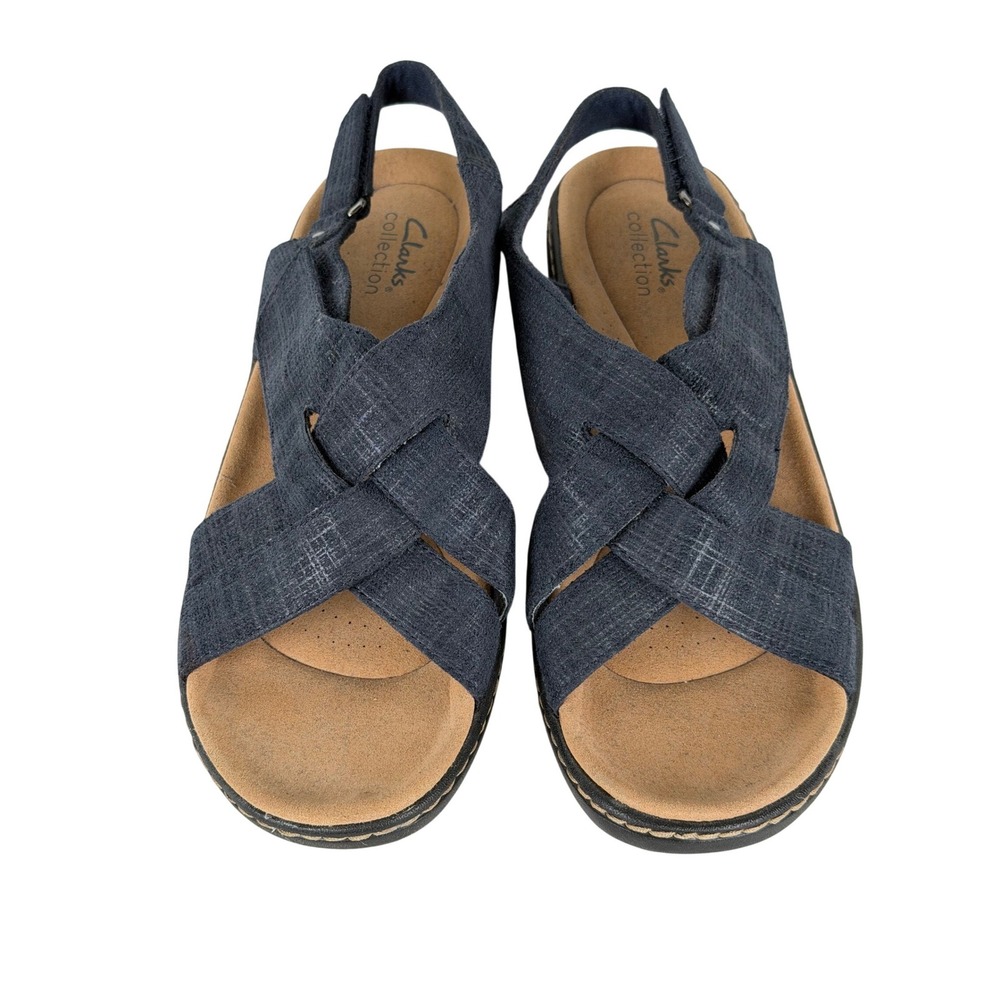 Clarks Slingback Sandals‎ Womens 9W Navy Blue Wedge Ultimate Comfort Crisscross